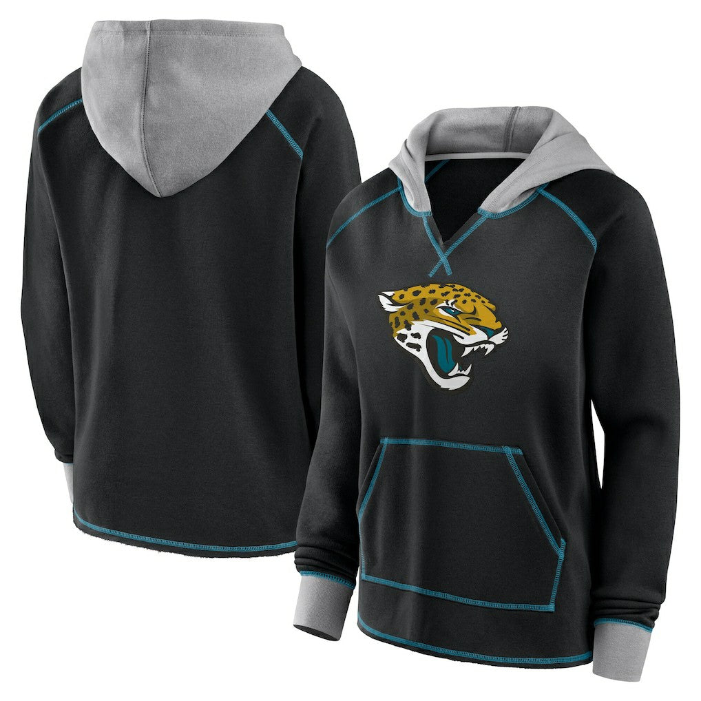 Jacksonville Jaguars Logo Athletic Women's Boom Fleece Pullover V-Neck Hoodie Black