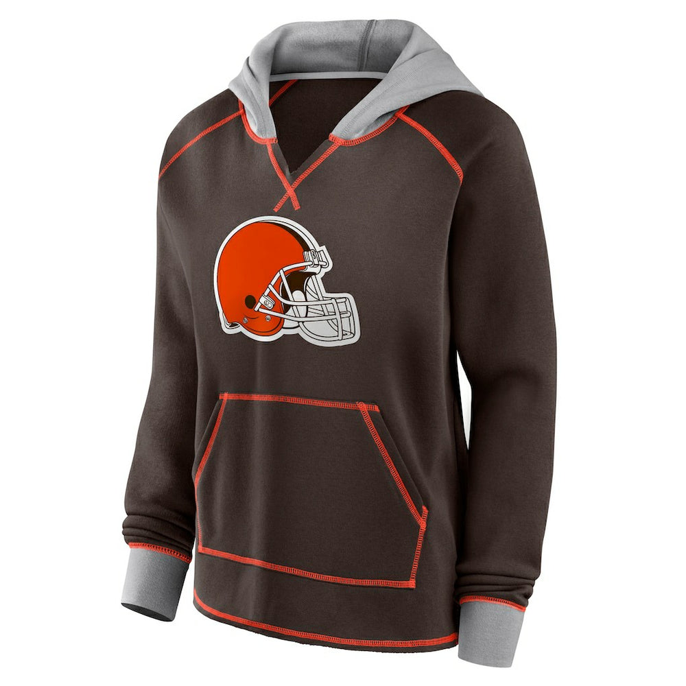 Cleveland Browns Logo Athletic Women's Boom Fleece Pullover V-Neck Hoodie Brown