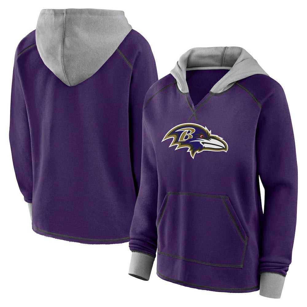 Baltimore Ravens Logo Athletic Women's Boom Fleece Pullover V-Neck Hoodie Purple