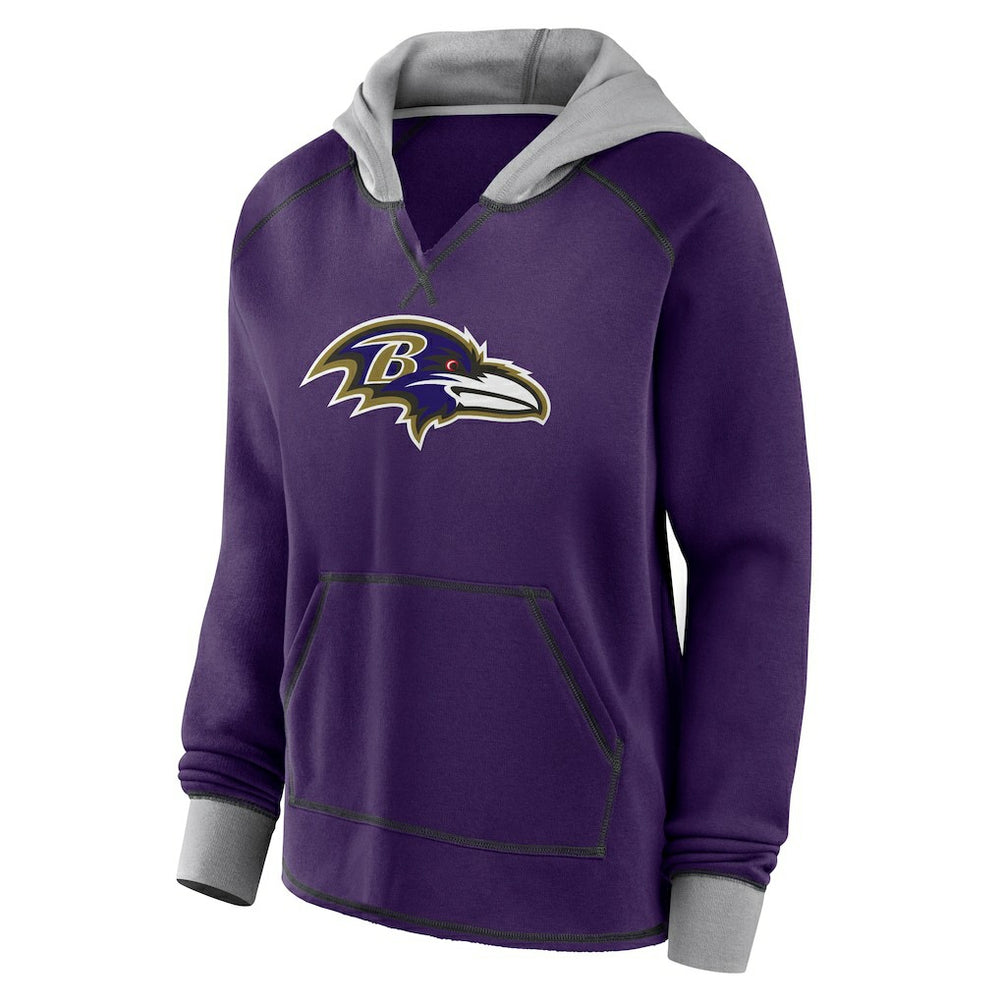 Baltimore Ravens Logo Athletic Women's Boom Fleece Pullover V-Neck Hoodie Purple