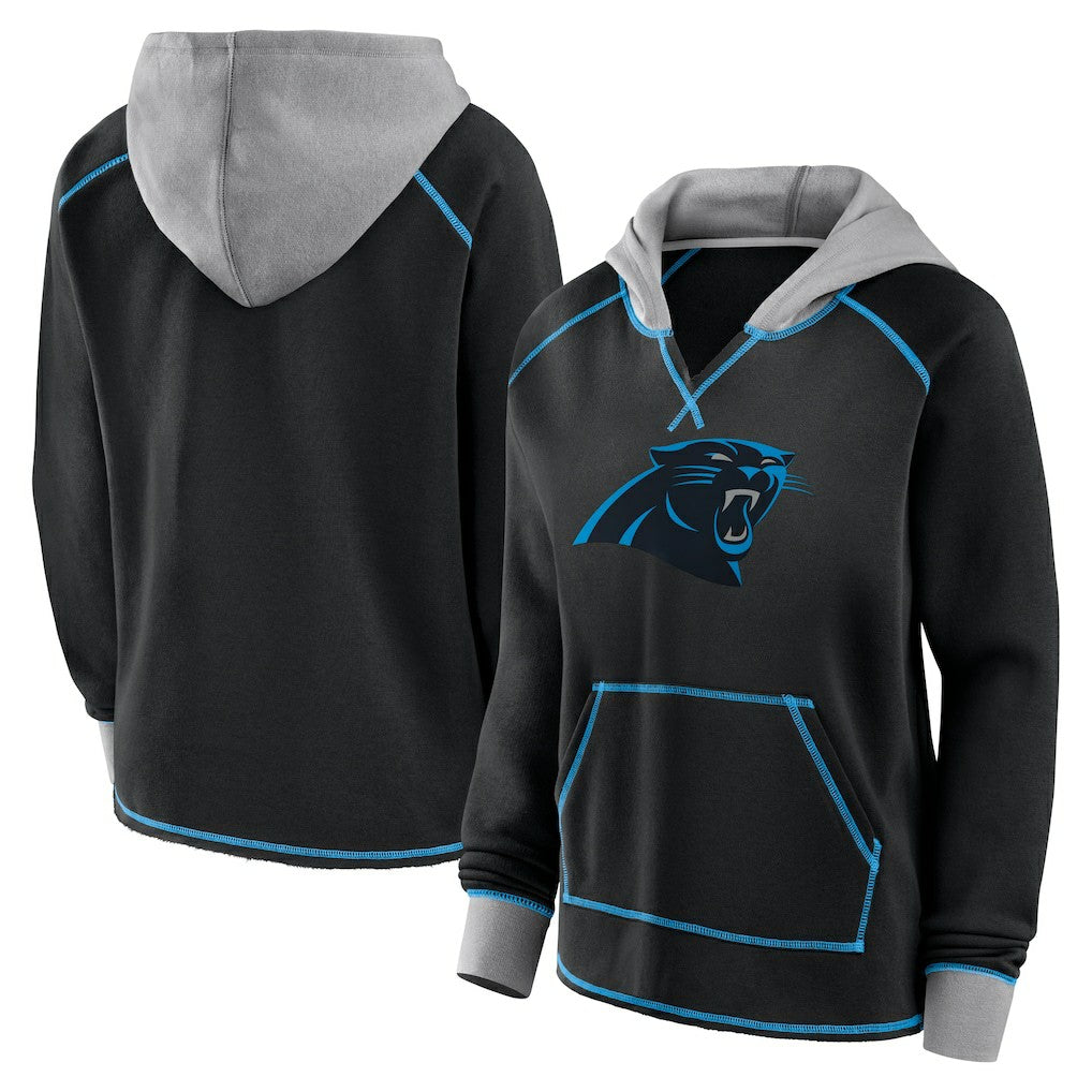 Carolina Panthers Logo Athletic Women's Boom Fleece Pullover V-Neck Hoodie Black