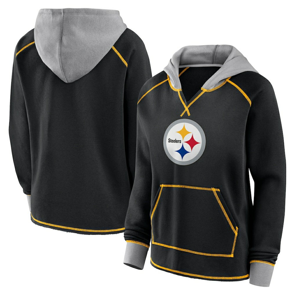 Pittsburgh Steelers Logo Athletic Women's Boom Fleece Pullover V-Neck Hoodie Black