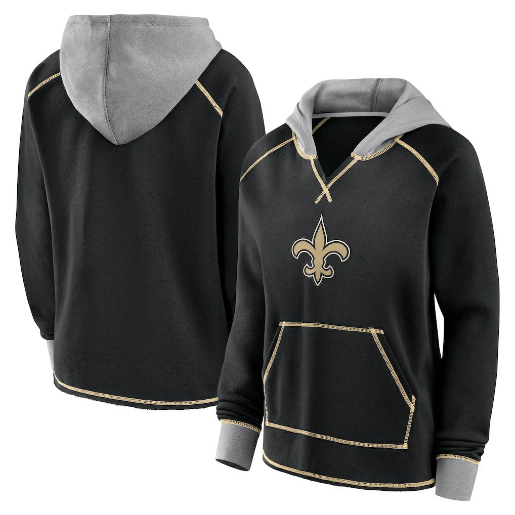 New Orleans Saints Logo Athletic Women's Boom Fleece Pullover V-Neck Hoodie Black