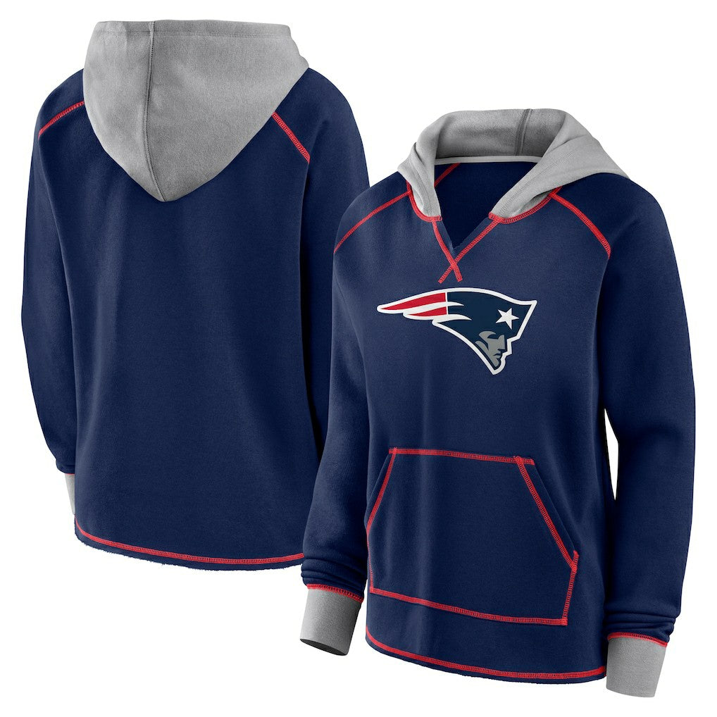New England Patriots Logo Athletic Women's Boom Fleece Pullover V-Neck Hoodie Navy