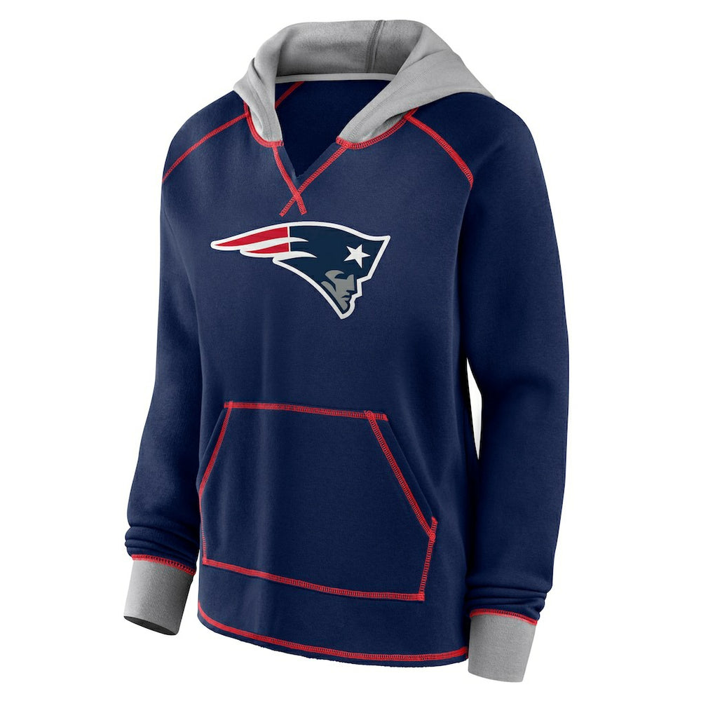 New England Patriots Logo Athletic Women's Boom Fleece Pullover V-Neck Hoodie Navy
