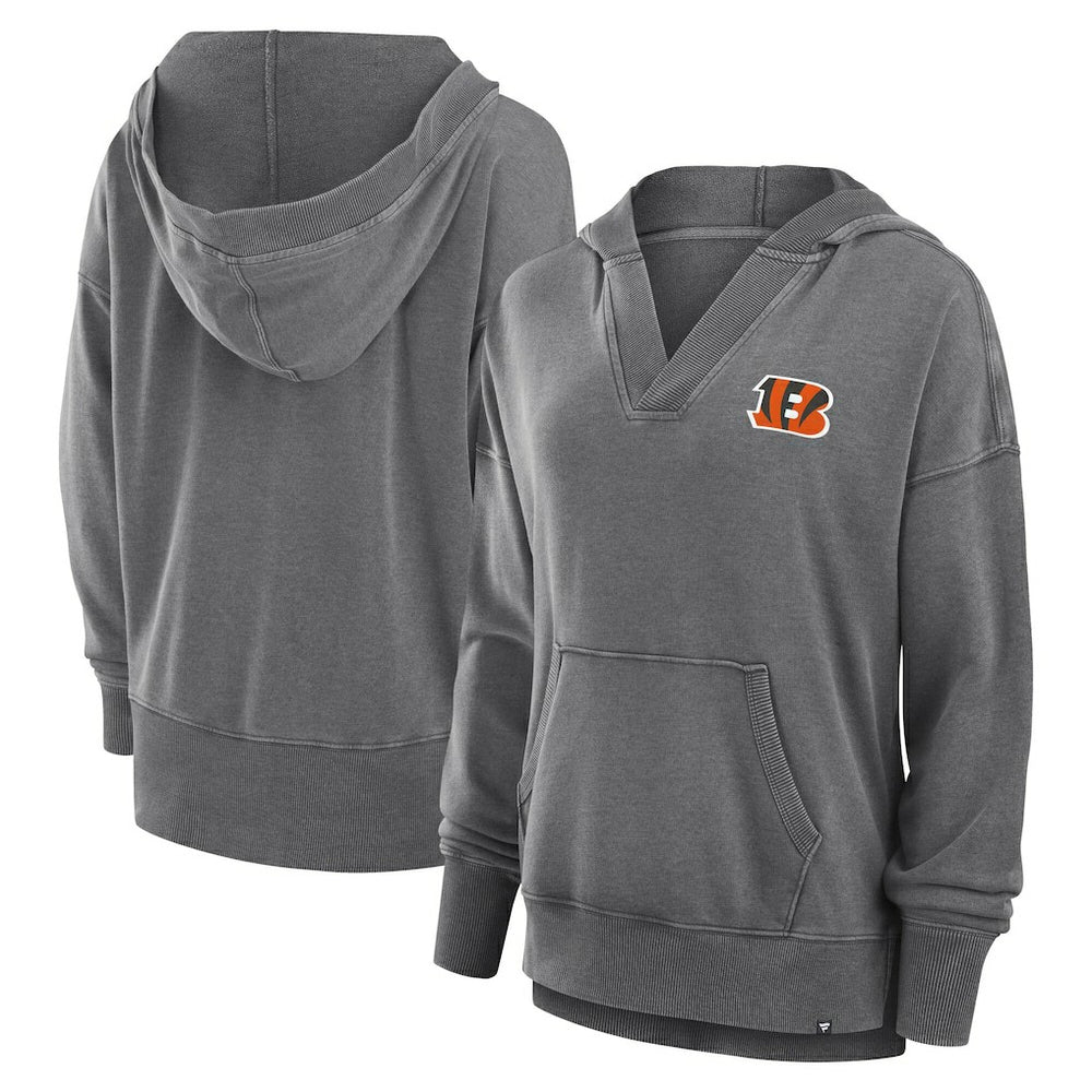 Fanatics Cincinnati Bengals Women's Initiative Snow Wash French Terry V-Neck Pullover Hoodie Heather Charcoal