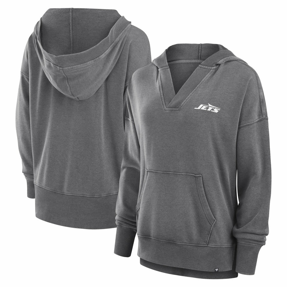 Fanatics New York Jets Women's Initiative Snow Wash French Terry V-Neck Pullover Hoodie Heather Charcoal
