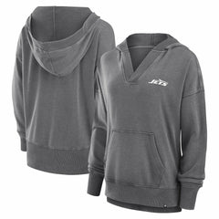 Fanatics New York Jets Women's Initiative Snow Wash French Terry V-Neck Pullover Hoodie Heather Charcoal