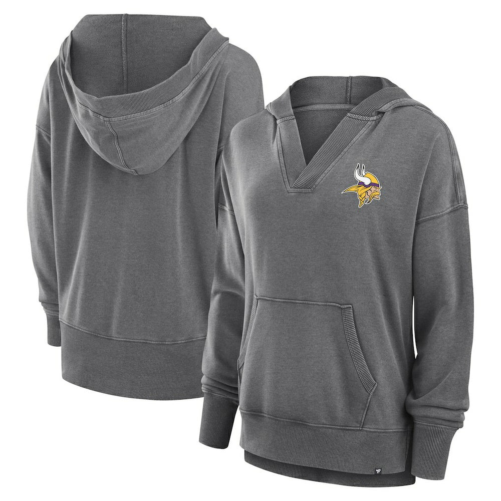Fanatics Minnesota Vikings Women's Initiative Snow Wash French Terry V-Neck Pullover Hoodie Heather Charcoal