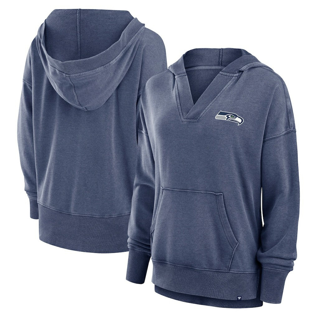 Fanatics Seattle Seahawks Women's Initiative Snow Wash French Terry V-Neck Pullover Hoodie Heather College Navy