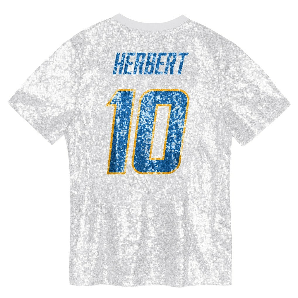 Justin Herbert Los Angeles Chargers Girls Youth Sequin V-Neck Fashion Jersey Powder Blue
