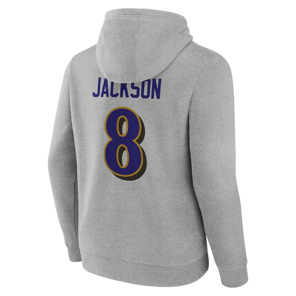 Lamar Jackson Baltimore Ravens Icon Player Name & Number Pullover Hoodie Gray