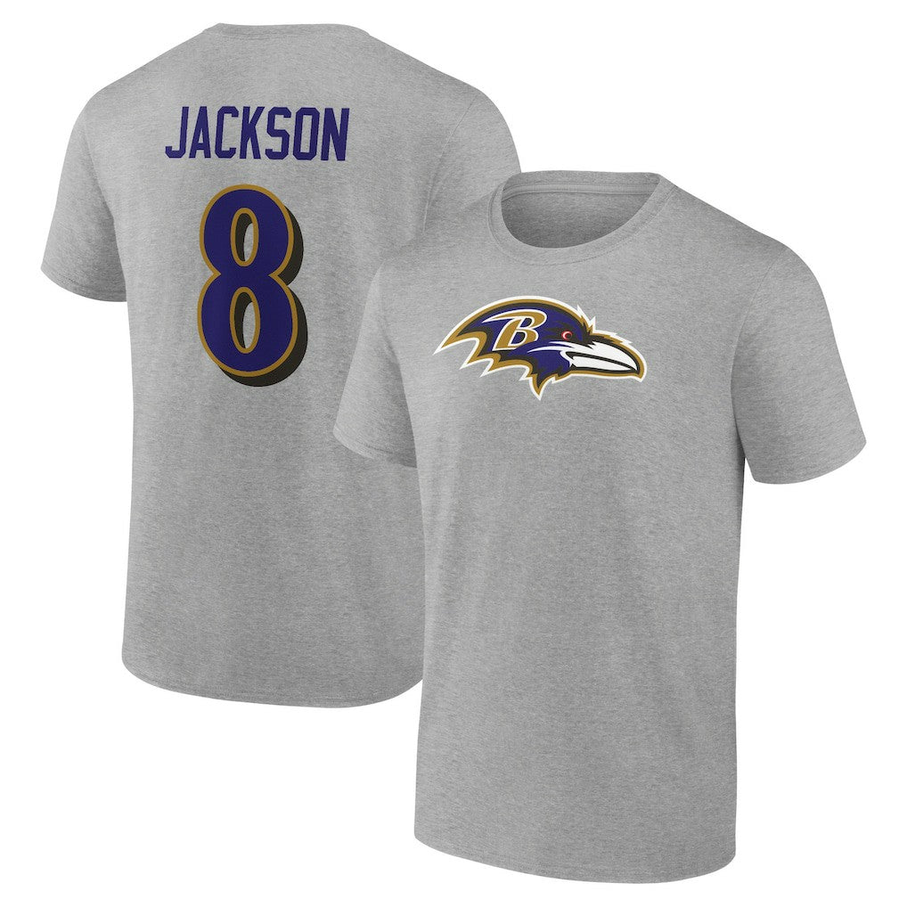 Lamar Jackson Baltimore Ravens Icon Player Name & Number T-Shirt Gray