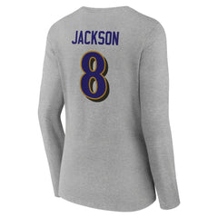 Lamar Jackson Baltimore Ravens Women's Icon Player Name & Number Long Sleeve V-Neck T-Shirt Gray