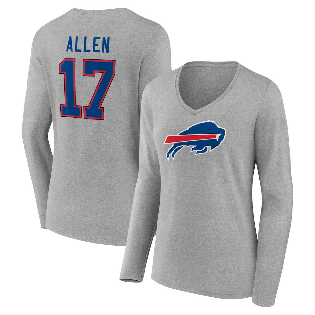 Josh Allen Buffalo Bills Women's Icon Player Name & Number Long Sleeve V-Neck T-Shirt Gray