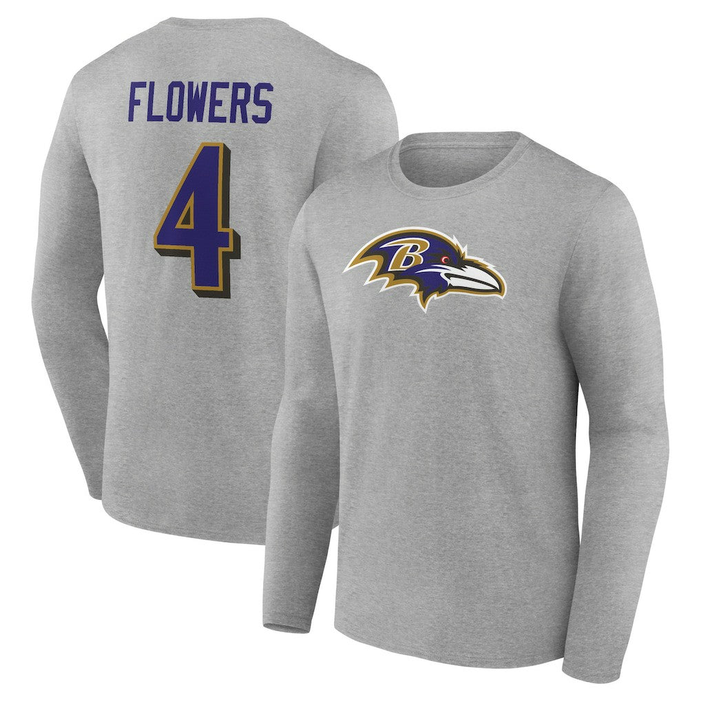 Zay Flowers Baltimore Ravens Icon Player Name & Number Long Sleeve T-Shirt Gray