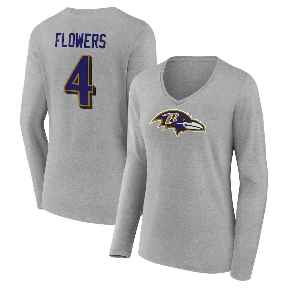 Zay Flowers Baltimore Ravens Women's Icon Player Name & Number Long Sleeve V-Neck T-Shirt Gray