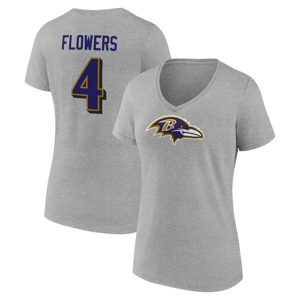Zay Flowers Baltimore Ravens Women's Icon Player Name & Number V-Neck T-Shirt Gray