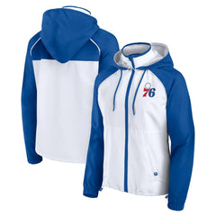 Philadelphia 76ers Women's Anorak Raglan Full-Zip Hoodie Jacket White/Royal | Fanatics Lifestyle