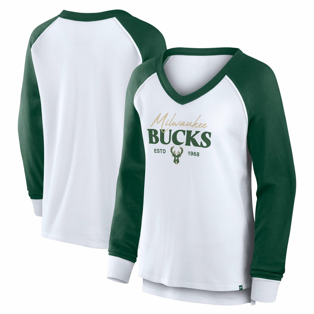 Milwaukee Bucks Women's Open Lane Waffle Long Sleeve V-Neck T-Shirt White | Fanatics for sale