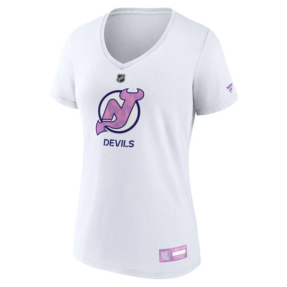 New Jersey Devils Fanatics Women's 2024 Hockey Fights Cancer V-Neck T-Shirt - White - NHL 201204282