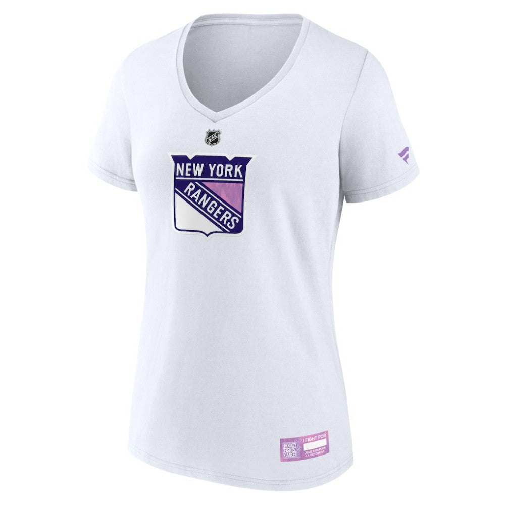 New York Rangers Fanatics Women's 2024 Hockey Fights Cancer V-Neck T-Shirt - White - NHL 201204283