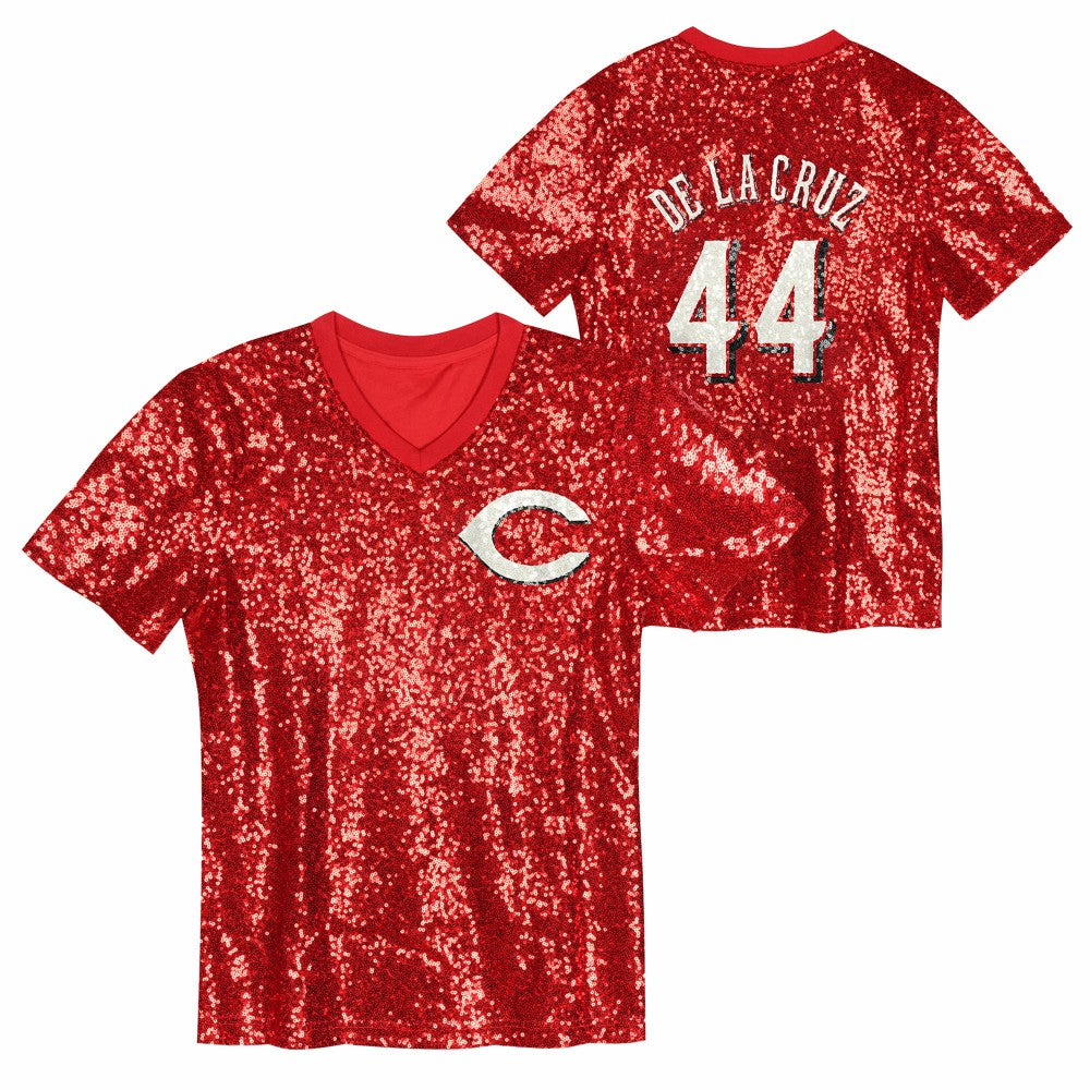 Elly De La Cruz Cincinnati Reds Juniors Name & Number Sequin V-Neck Top - Red - MLB Lifestyle