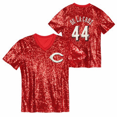 Elly De La Cruz Cincinnati Reds Juniors Name & Number Sequin V-Neck Top - Red - MLB Lifestyle