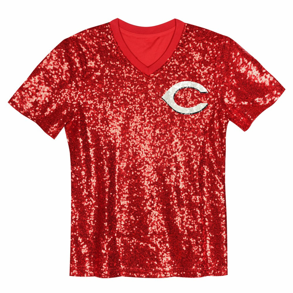 Elly De La Cruz Cincinnati Reds Juniors Name & Number Sequin V-Neck Top - Red - MLB Lifestyle