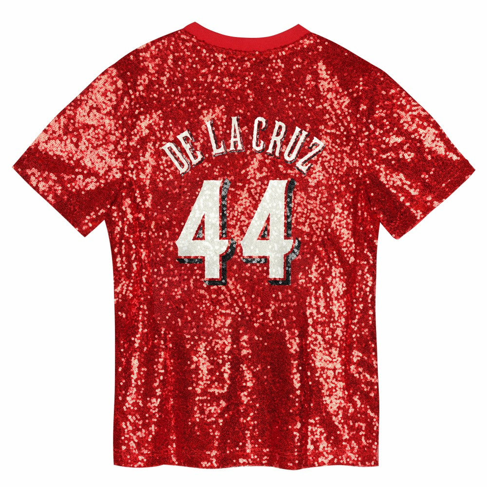 Elly De La Cruz Cincinnati Reds Juniors Name & Number Sequin V-Neck Top - Red - MLB Lifestyle