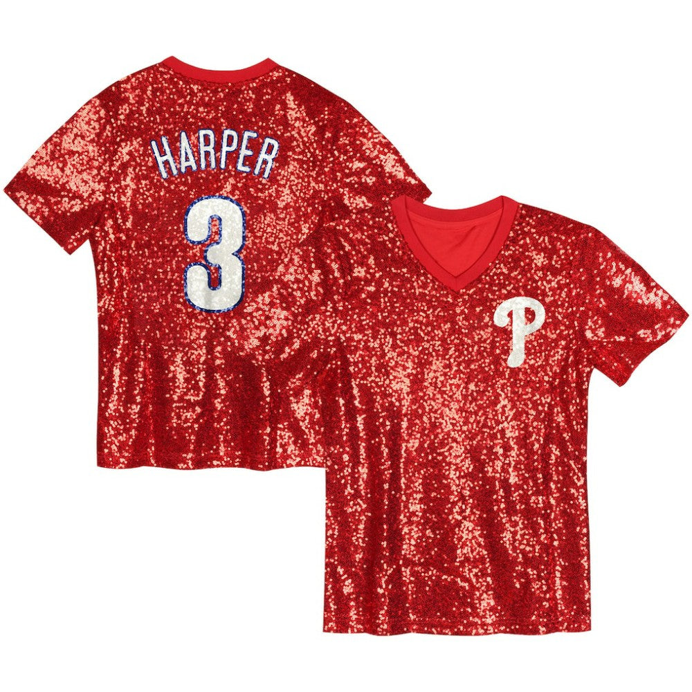 Bryce Harper Philadelphia Phillies Juniors Name & Number Sequin V-Neck Top - Red - MLB Lifestyle