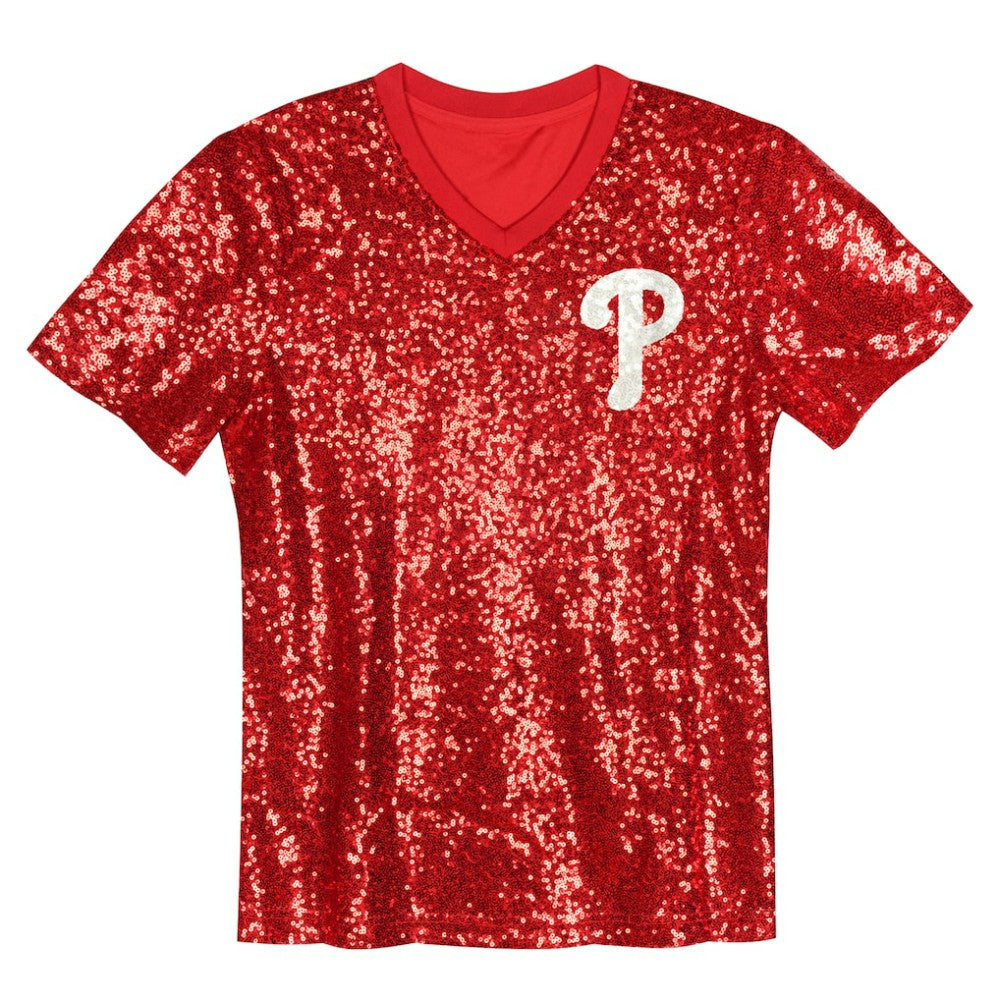 Bryce Harper Philadelphia Phillies Juniors Name & Number Sequin V-Neck Top - Red - MLB Lifestyle