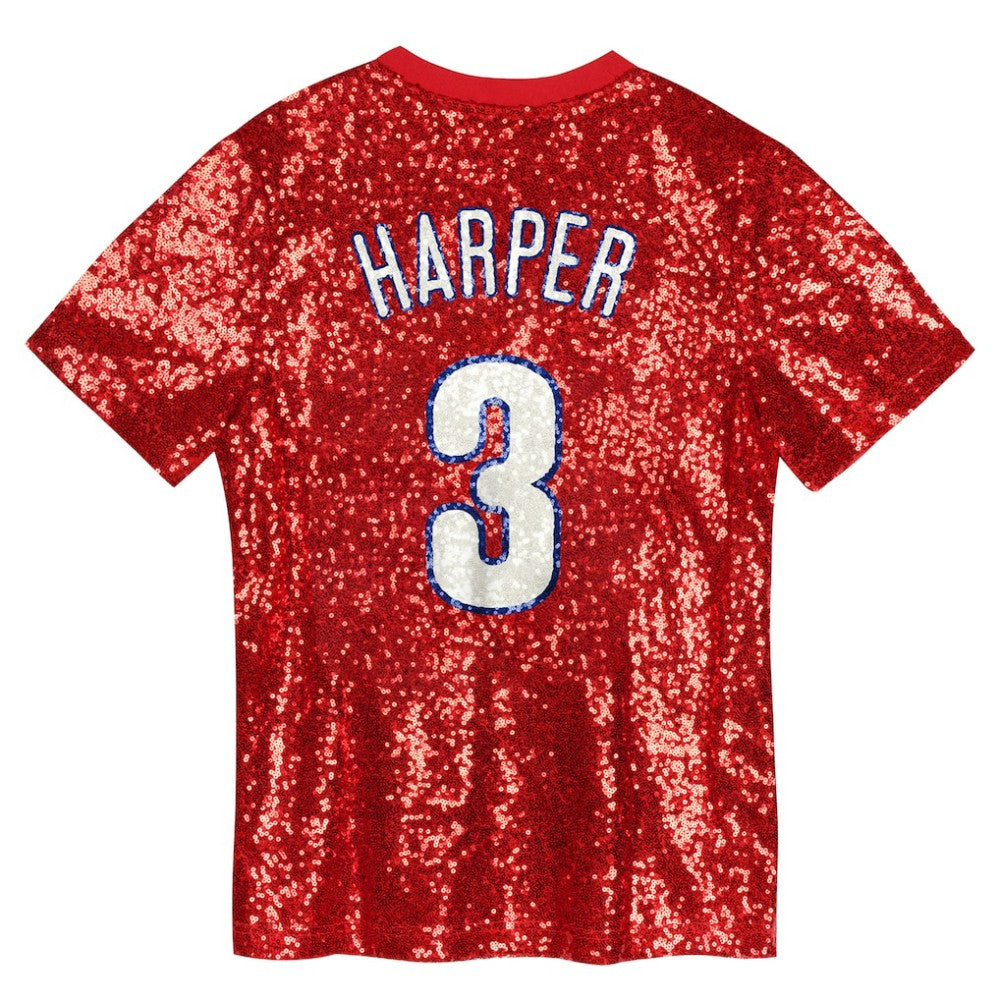 Bryce Harper Philadelphia Phillies Juniors Name & Number Sequin V-Neck Top - Red - MLB Lifestyle