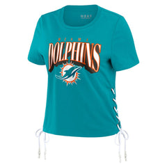 Miami Dolphins WEAR by Erin Andrews Women's Lace Up Side Modest Cropped T-Shirt Aqua