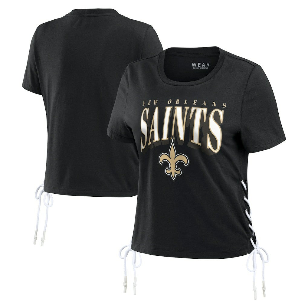 New Orleans Saints WEAR by Erin Andrews Women's Lace Up Side Modest Cropped T-Shirt Black
