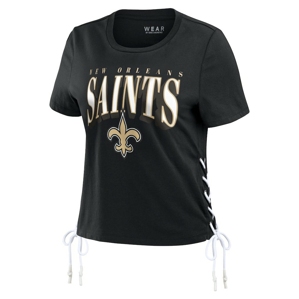New Orleans Saints WEAR by Erin Andrews Women's Lace Up Side Modest Cropped T-Shirt Black