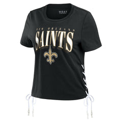 New Orleans Saints WEAR by Erin Andrews Women's Lace Up Side Modest Cropped T-Shirt Black