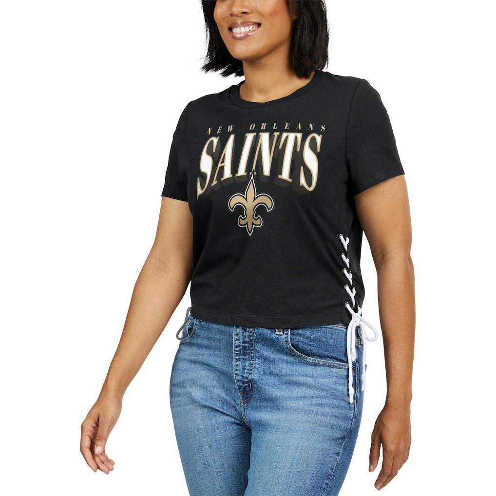 New Orleans Saints WEAR by Erin Andrews Women's Lace Up Side Modest Cropped T-Shirt Black