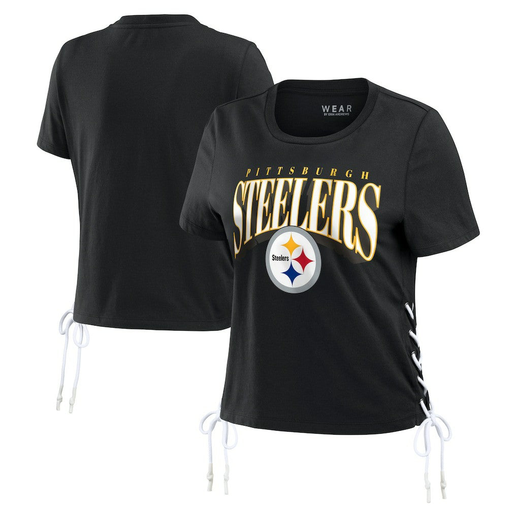 Pittsburgh Steelers WEAR by Erin Andrews Women's Lace Up Side Modest Cropped T-Shirt Black