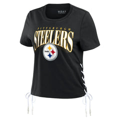 Pittsburgh Steelers WEAR by Erin Andrews Women's Lace Up Side Modest Cropped T-Shirt Black
