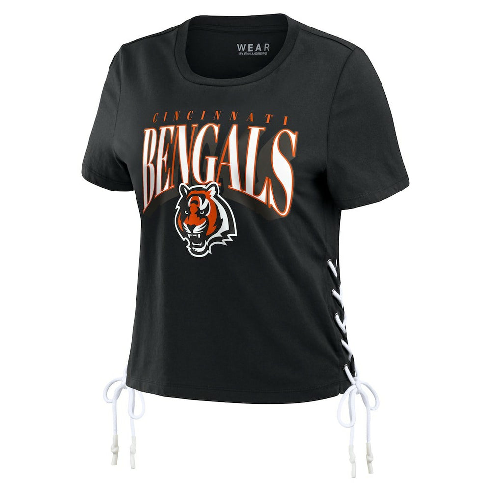 Cincinnati Bengals WEAR by Erin Andrews Women's Lace Up Side Modest Cropped T-Shirt Black