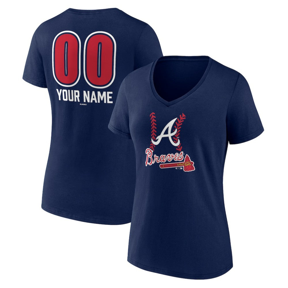 Atlanta Braves Women's Personalized Name & Number Fastball V-Neck T-Shirt - Navy - MLB on Sale