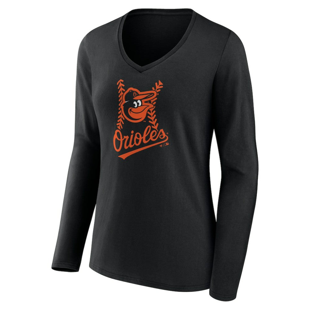 Baltimore Orioles Women's Personalized Name & Number Fastball Long Sleeve V-Neck T-Shirt - Black - MLB Sale