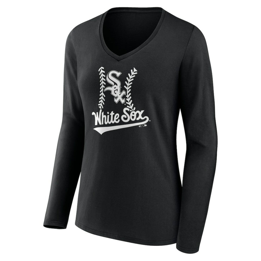 Chicago White Sox Women's Personalized Name & Number Fastball Long Sleeve V-Neck T-Shirt - Black - MLB Lifestyle