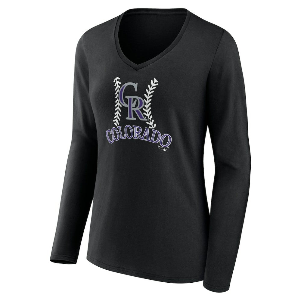 Colorado Rockies Women's Personalized Name & Number Fastball Long Sleeve V-Neck T-Shirt - Black - MLB Sale