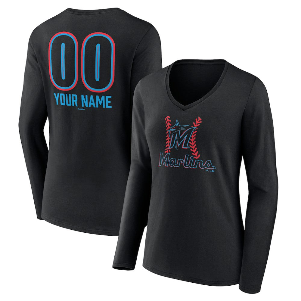 Miami Marlins Women's Personalized Name & Number Fastball Long Sleeve V-Neck T-Shirt - Black - MLB Discount