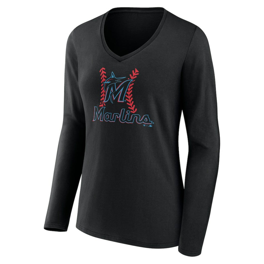 Miami Marlins Women's Personalized Name & Number Fastball Long Sleeve V-Neck T-Shirt - Black - MLB Discount