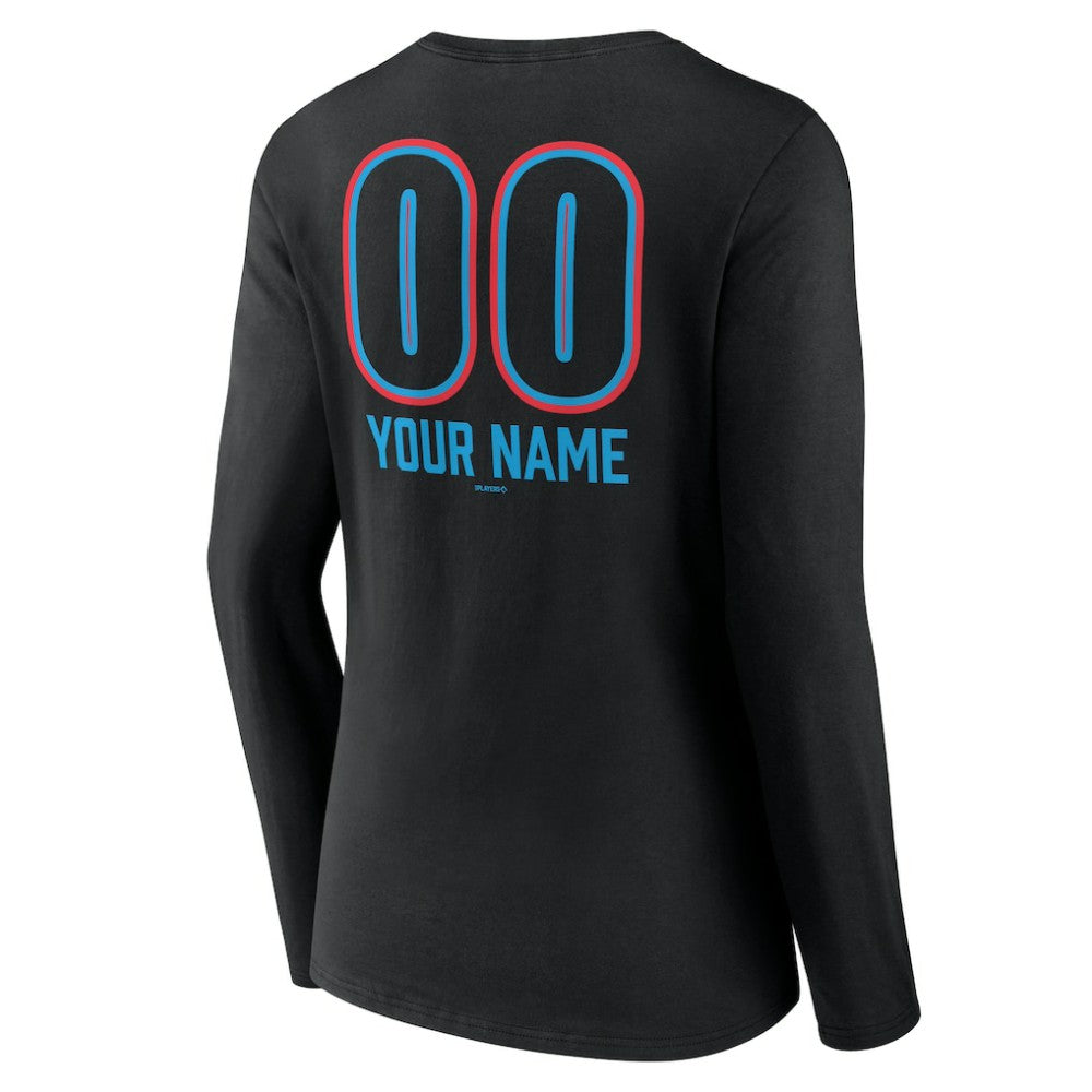 Miami Marlins Women's Personalized Name & Number Fastball Long Sleeve V-Neck T-Shirt - Black - MLB Discount