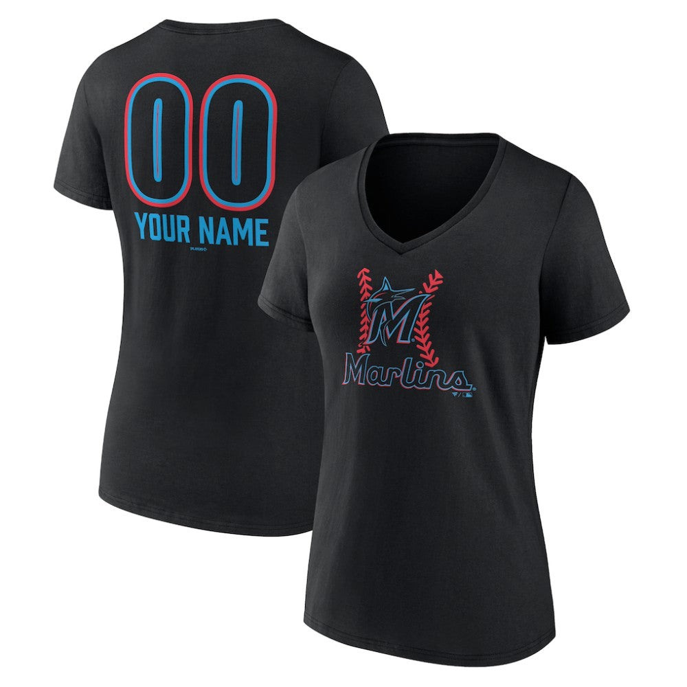 Miami Marlins Women's Personalized Name & Number Fastball V-Neck T-Shirt - Black - MLB Discount
