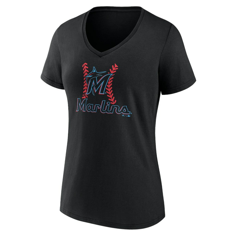 Miami Marlins Women's Personalized Name & Number Fastball V-Neck T-Shirt - Black - MLB Discount